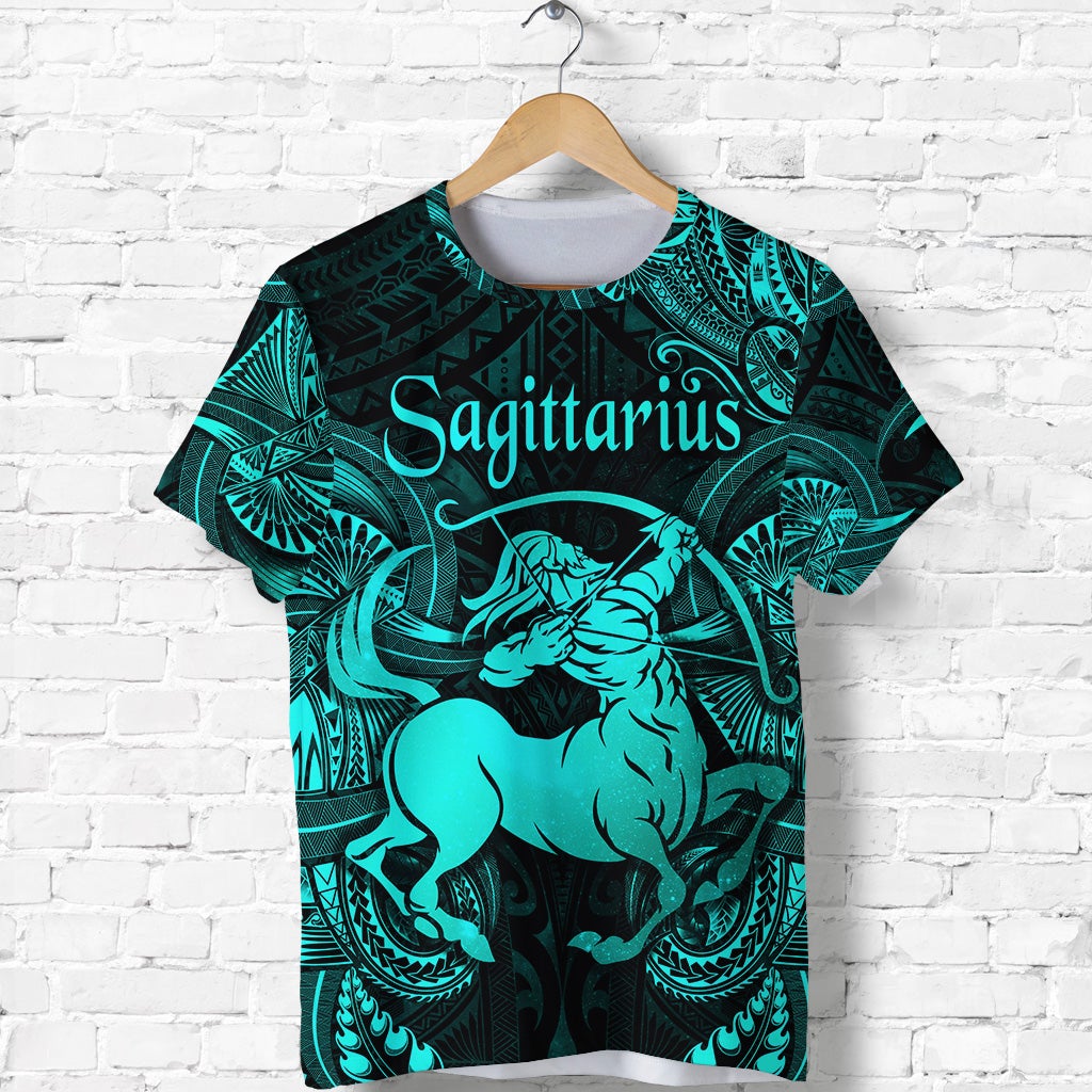 Custom Sagittarius Zodiac Polynesian T Shirt Unique Style Turquoise LT8 - Wonder Print Shop