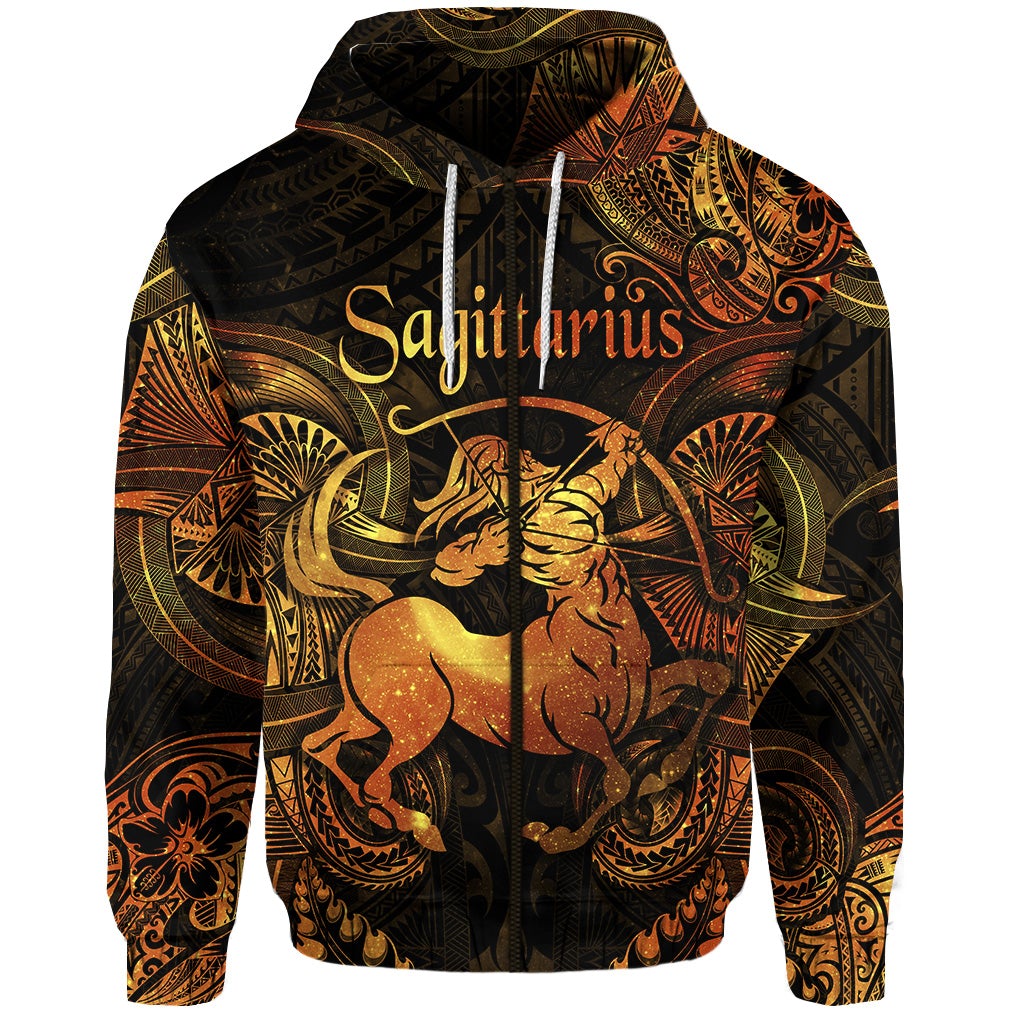 Sagittarius Zodiac Polynesian Zip Hoodie Unique Style Gold LT8 - Wonder Print Shop