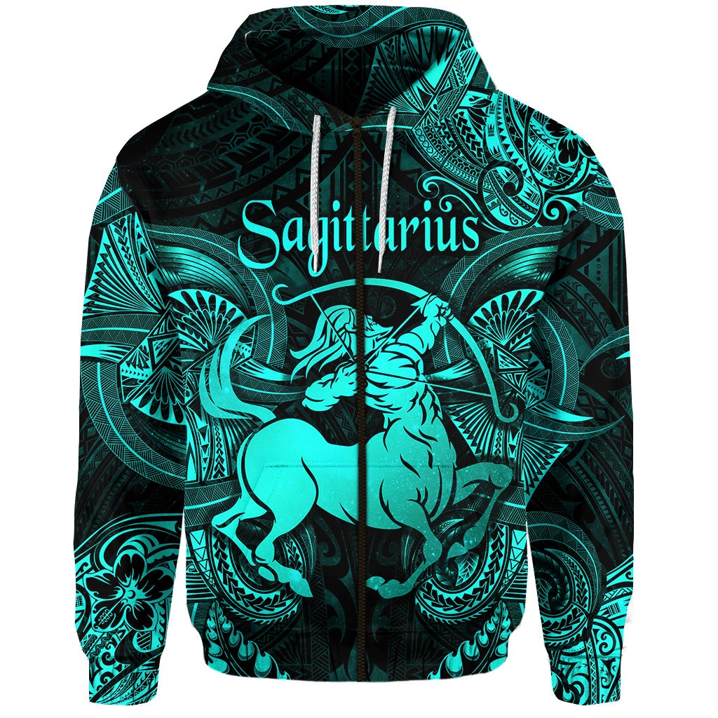 Sagittarius Zodiac Polynesian Zip Hoodie Unique Style Turquoise LT8 - Wonder Print Shop