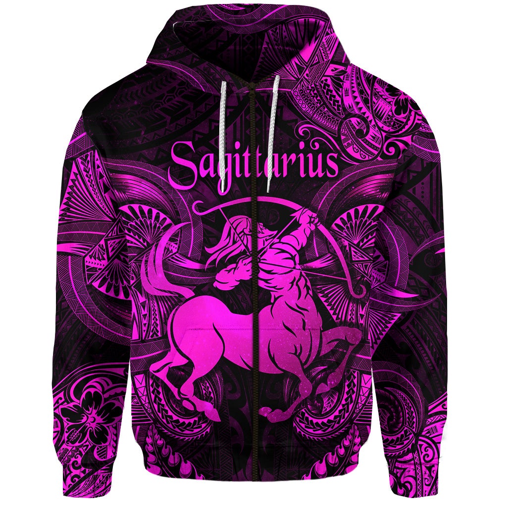 Sagittarius Zodiac Polynesian Zip Hoodie Unique Style Pink LT8 - Wonder Print Shop