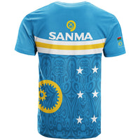 Blue Sanma flag style T-shirt, back shows SANMA text, stars, and patterned design
