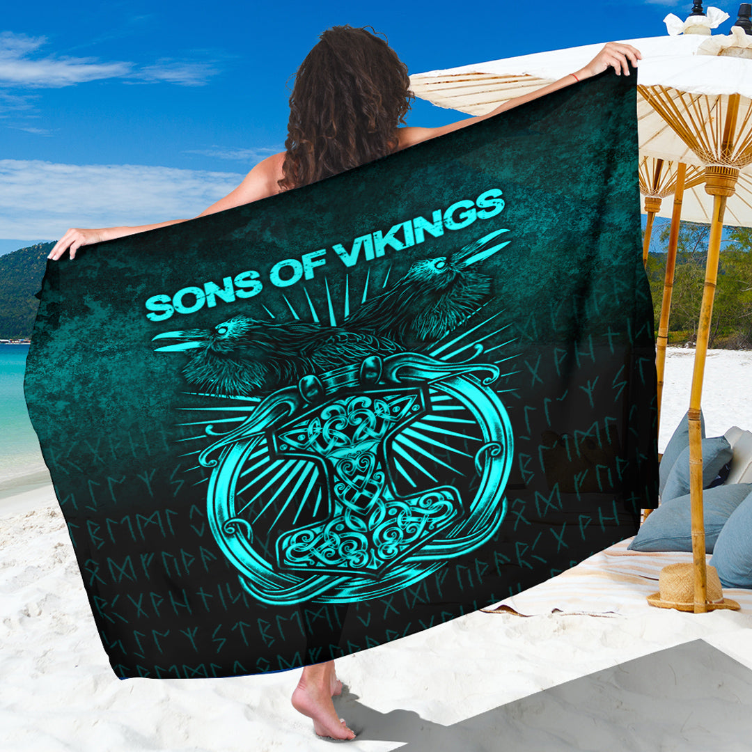 Viking Sarong - Vikings Ravens Mjolnir - Cyan Version Sarong RLT12 - Wonder Print Shop