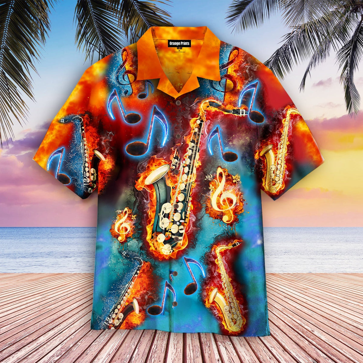 Saxophone Fire Flame Hawaiian Shirt - Wonder Print Shop
