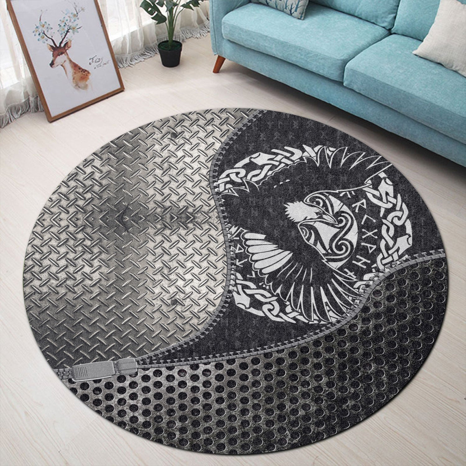 viking-carpet-scandinavian-black-raven-in-flight-with-outstretched-wings-and-old-norse-round-carpet