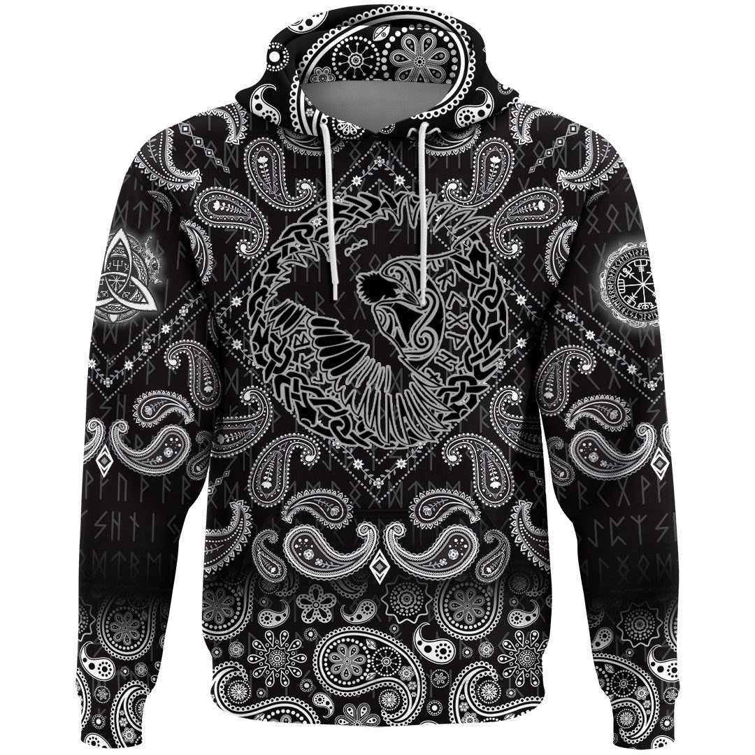 Viking Hoodie Scandinavian Black Raven In Flight With Outstretched Wings and Old Norse with Bandana Paisley Style RLT12 - Wonder Print Shop