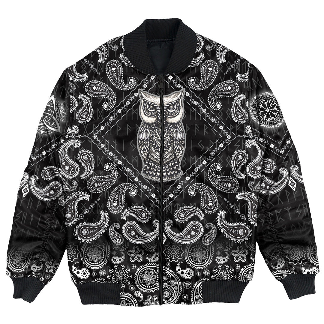 Viking Bomber Jacket Scandinavian Owl with Bandana Paisley Style RLT12 - Wonder Print Shop