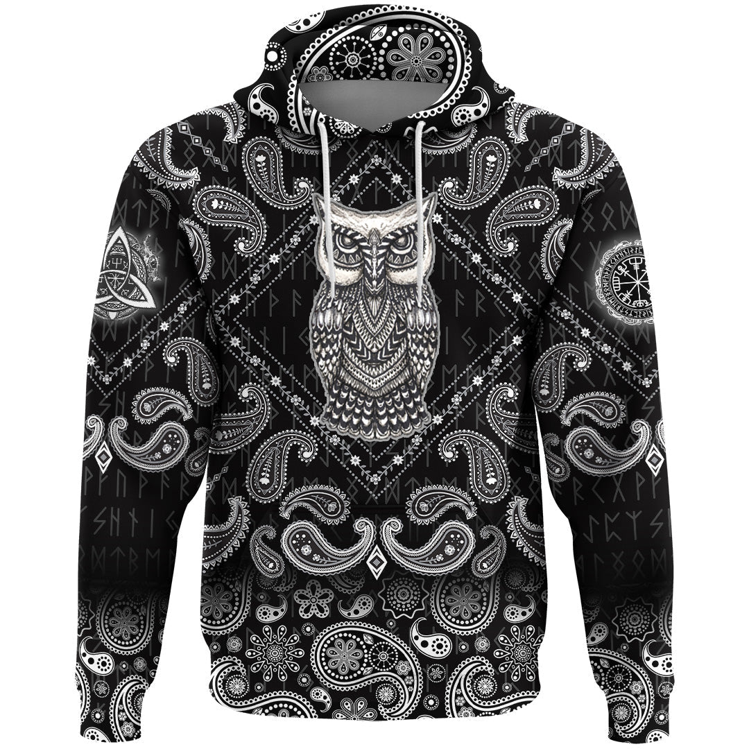 Viking Hoodie Scandinavian Owl with Bandana Paisley Style RLT12 - Wonder Print Shop