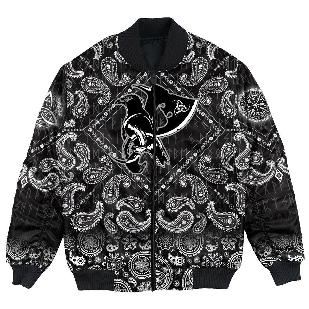 Viking Bomber Jacket Scandinavian Raven Axe with Bandana Paisley Style RLT12 - Wonder Print Shop