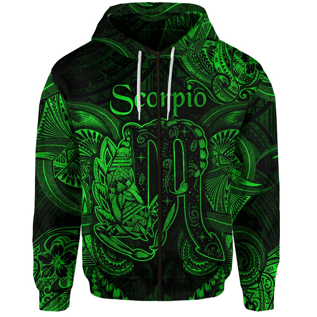 Custom Scorpio Zodiac Polynesian Zip Hoodie Unique Style Green LT8 - Wonder Print Shop