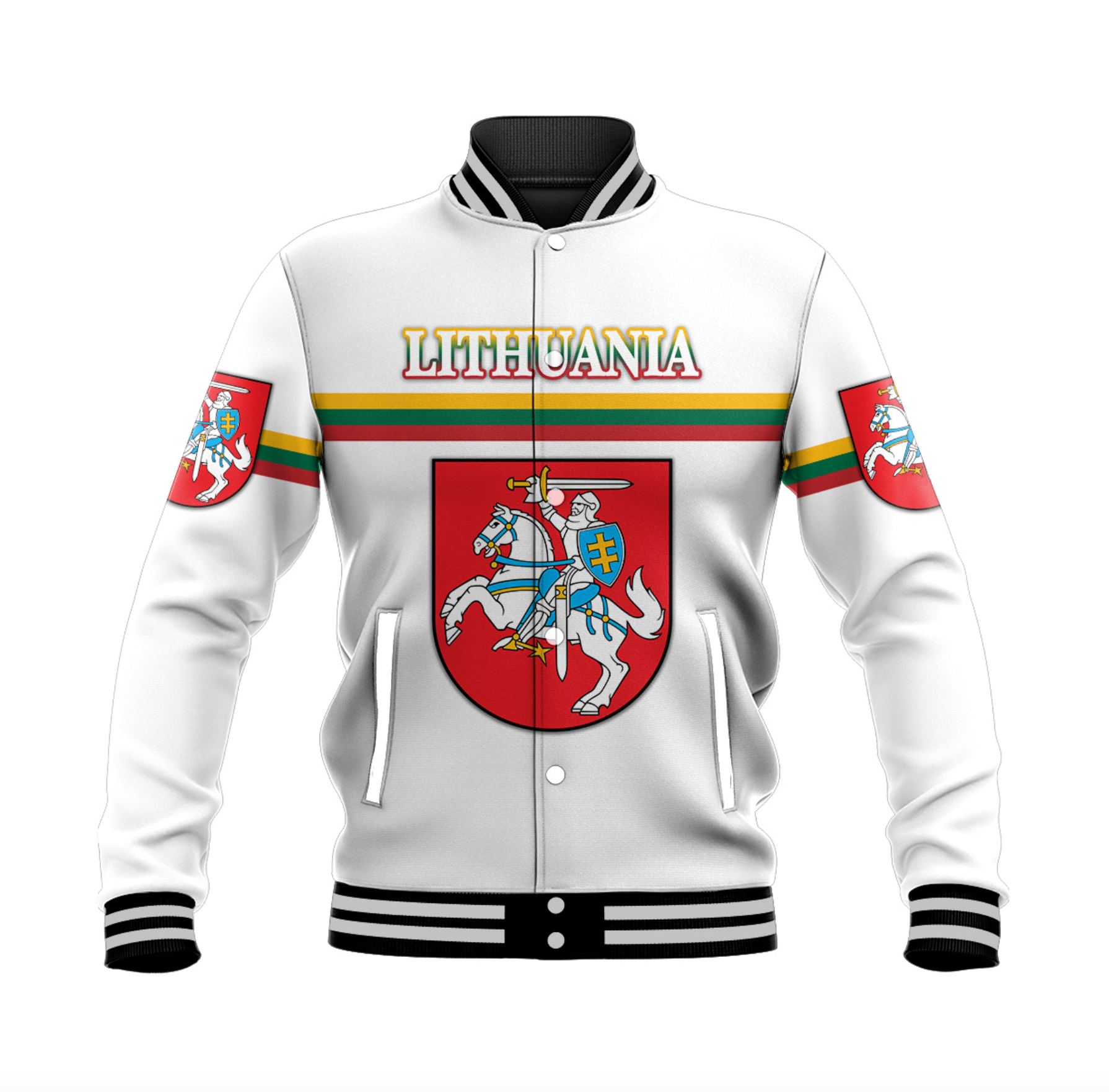 (Custom Personalised) Lithuania Baseball Jacket Coat Of Arms Lietuva Flag Style - White LT8 - Wonder Print Shop
