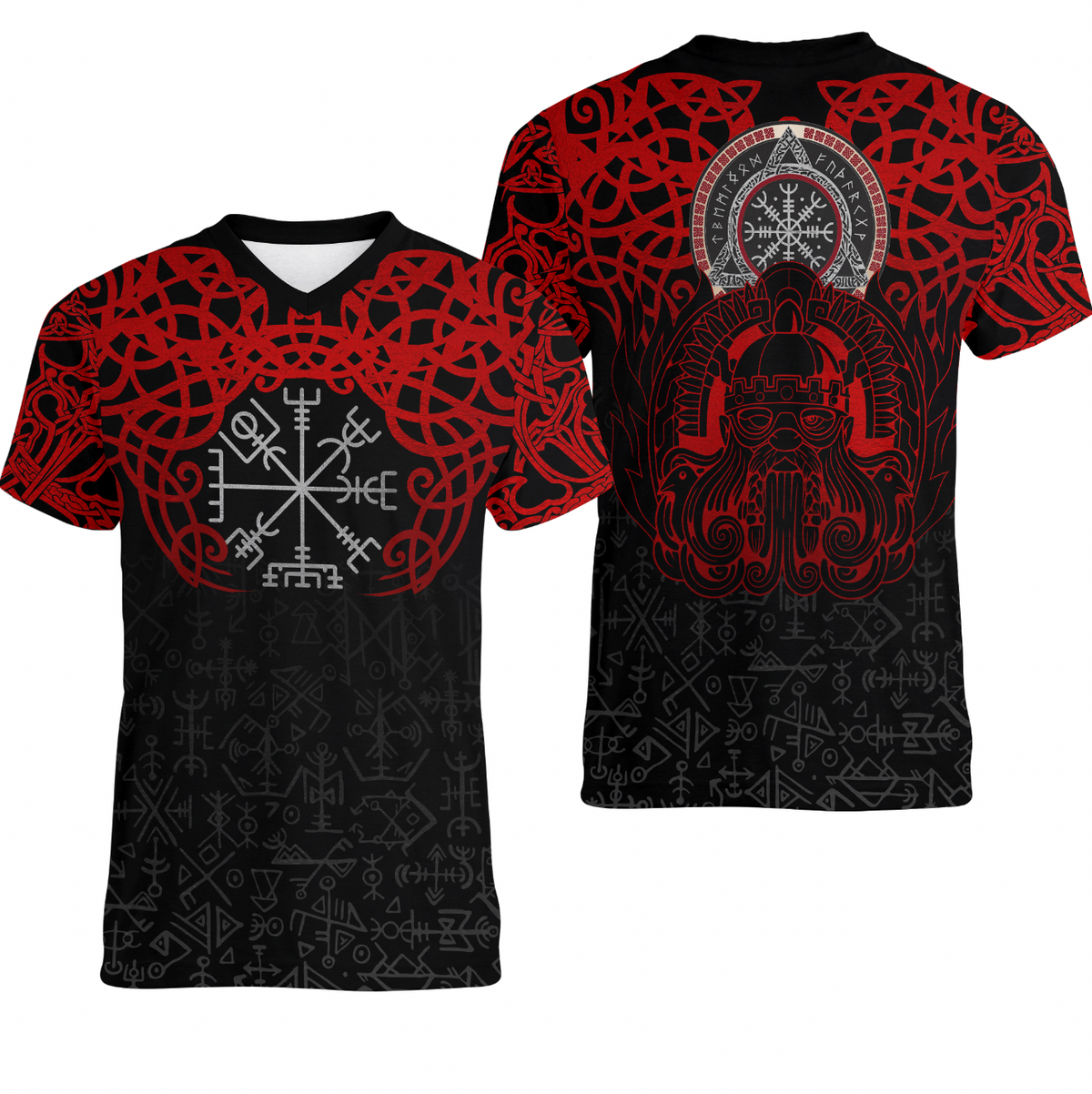 Viking Clothing Viking Odin Helm Of Awe Red V neck T shirt RLT12 - Wonder Print Shop