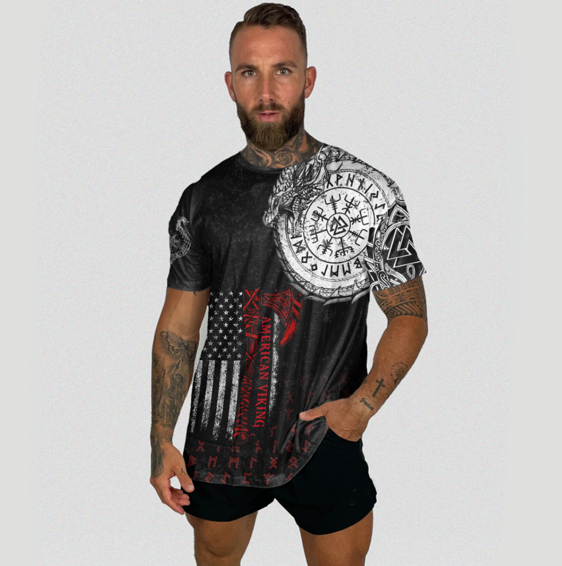 Viking Clothing Viking American Dragon Tattoo Valknut and Vegvisir T Shirt RLT12 - Wonder Print Shop