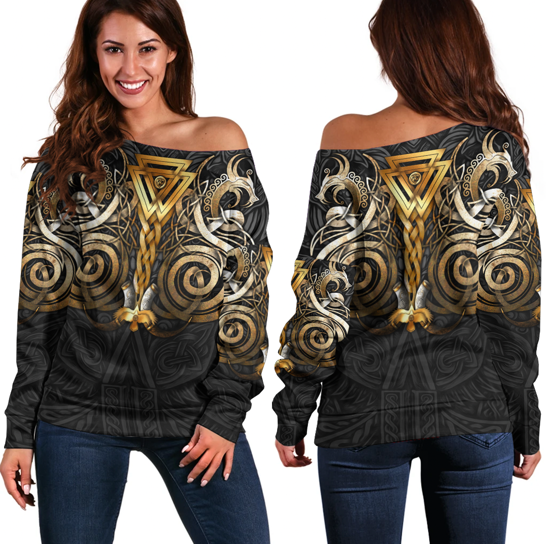 Viking Clothing Viking Valknut Odin Norse Mythology Off Shoulder Sweater RLT12 - Wonder Print Shop