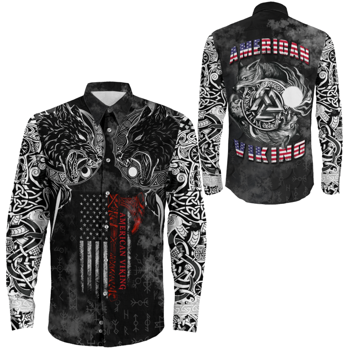 Viking Clothing Hati and Skoll Norse American Viking Long Sleeve Button Shirt RLT12 - Wonder Print Shop