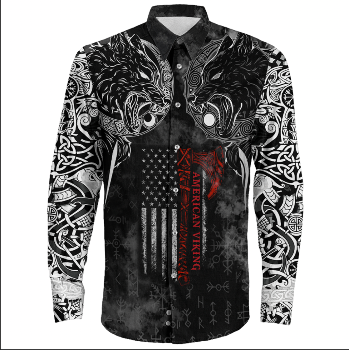 Viking Clothing Hati and Skoll Norse American Viking Long Sleeve Button Shirt RLT12 - Wonder Print Shop