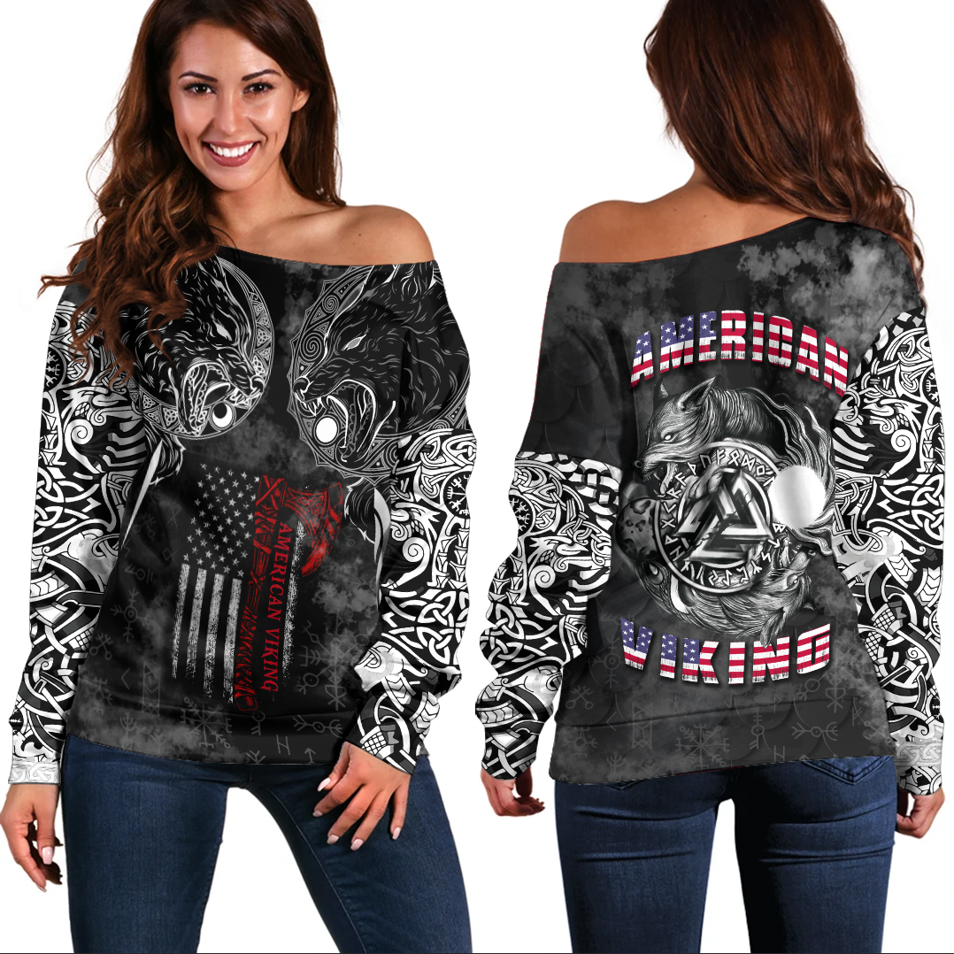 Viking Clothing Hati and Skoll Norse American Viking Off Shoulder Sweater RLT12 - Wonder Print Shop
