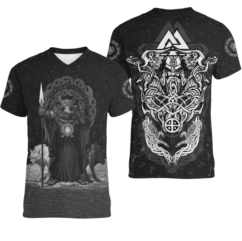 Viking Clothing Viking Odin Raven and Wolf Valknut V neck T shirt RLT12 - Wonder Print Shop
