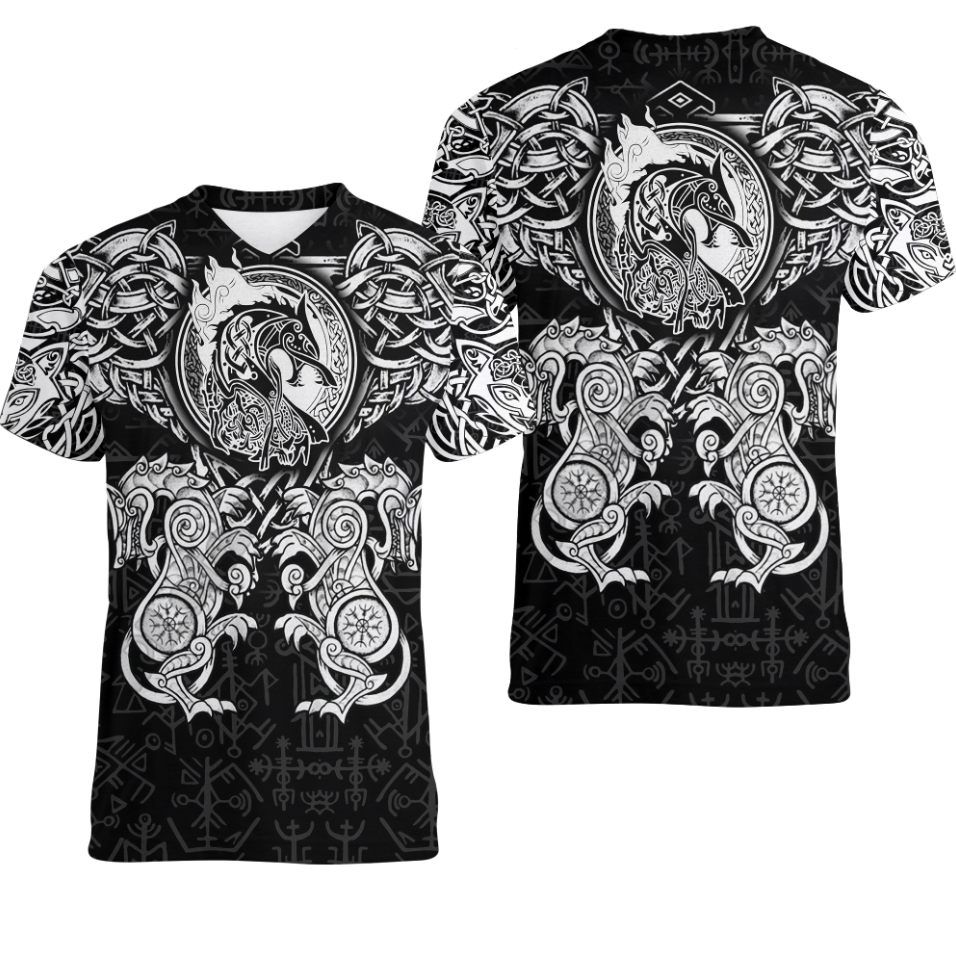 Viking Clothing Viking Dragon and Wolf Tattoo V neck T shirt RLT12 - Wonder Print Shop
