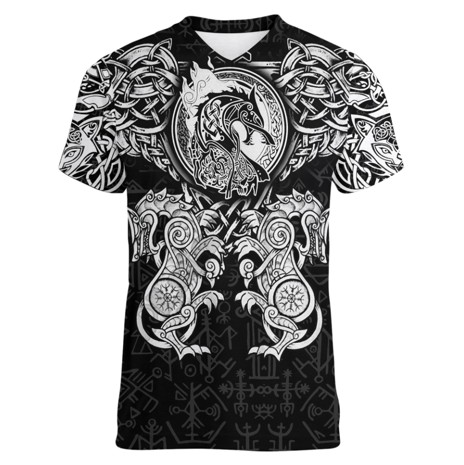 Viking Clothing Viking Dragon and Wolf Tattoo V neck T shirt RLT12 - Wonder Print Shop