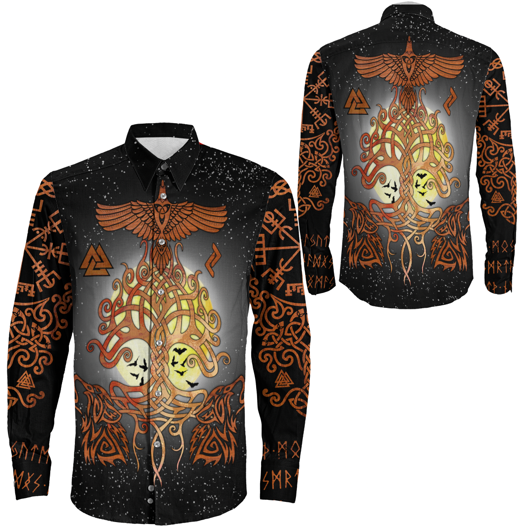 Copy of Viking Style Clothing - Yggdrasil Raven & Wolf Long Sleeve Button Shirt RLT12 - Wonder Print Shop