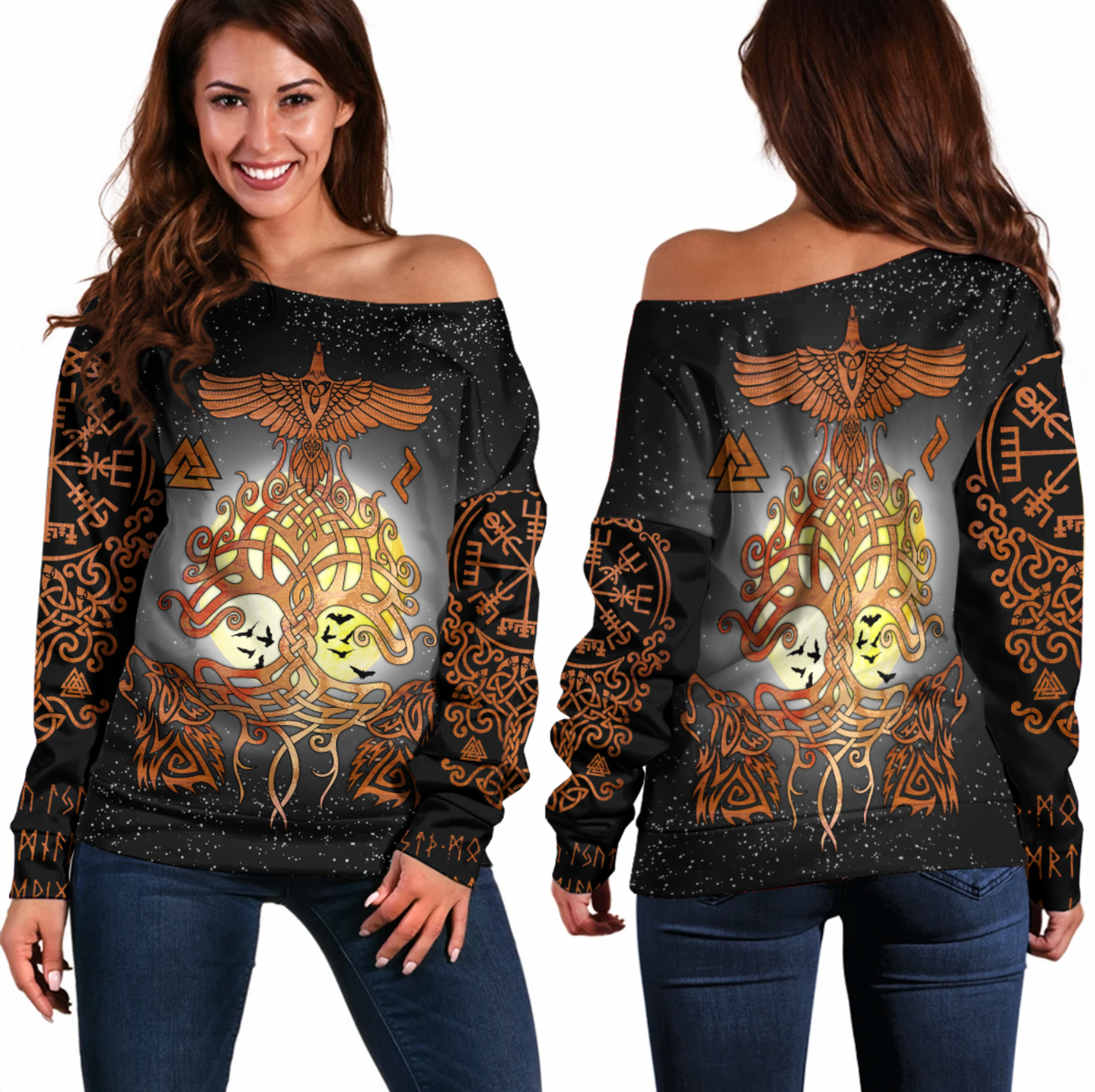 Viking Clothing Yggdrasil Raven and Wolf Off Shoulder Sweater RLT12 - Wonder Print Shop