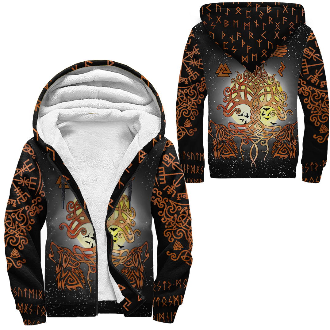 Viking Clothing Yggdrasil Raven and Wolf Sherpa Hoodie RLT12 - Wonder Print Shop