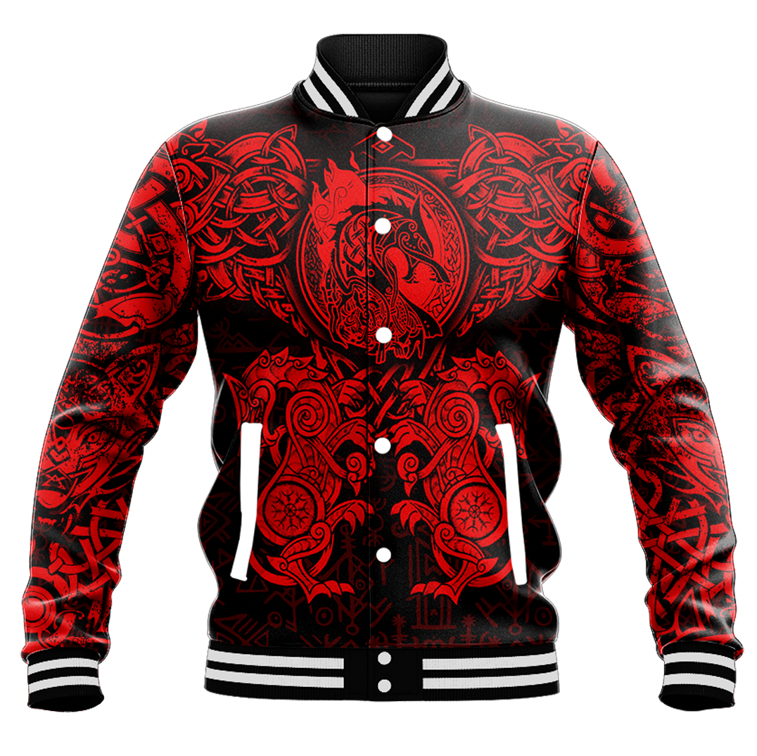 Viking Clothing Viking Dragon and Wolf Tattoo Red Baseball Jacket RLT12 - Wonder Print Shop
