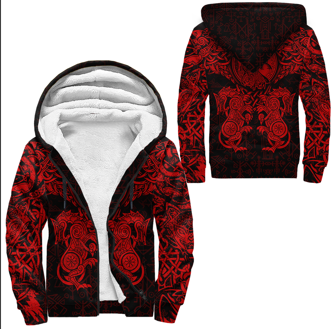 Viking Clothing Viking Dragon and Wolf Tattoo Red Sherpa Hoodie RLT12 - Wonder Print Shop