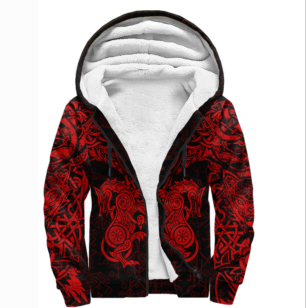 Viking Clothing Viking Dragon and Wolf Tattoo Red Sherpa Hoodie RLT12 - Wonder Print Shop
