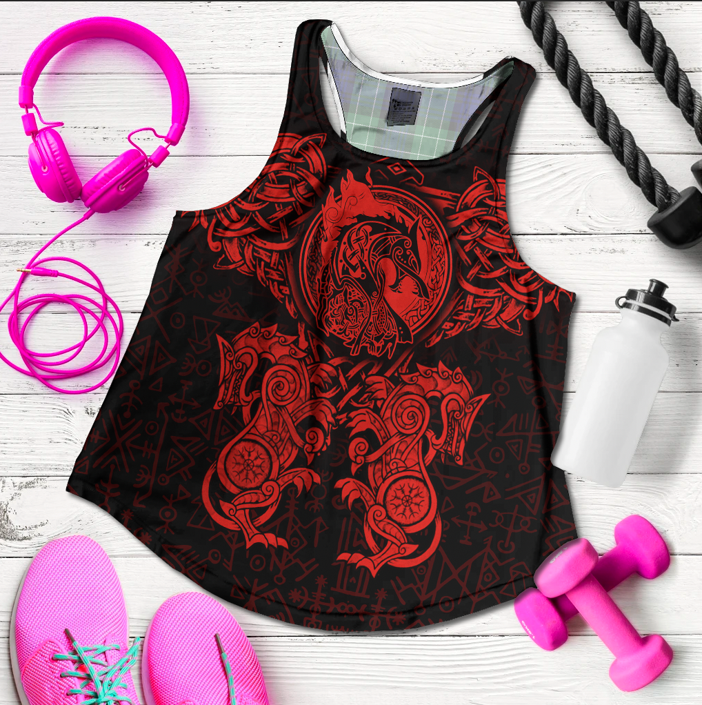 Viking Clothing Viking Dragon and Wolf Tattoo Red Women's Racerback Tank RLT12 - Wonder Print Shop