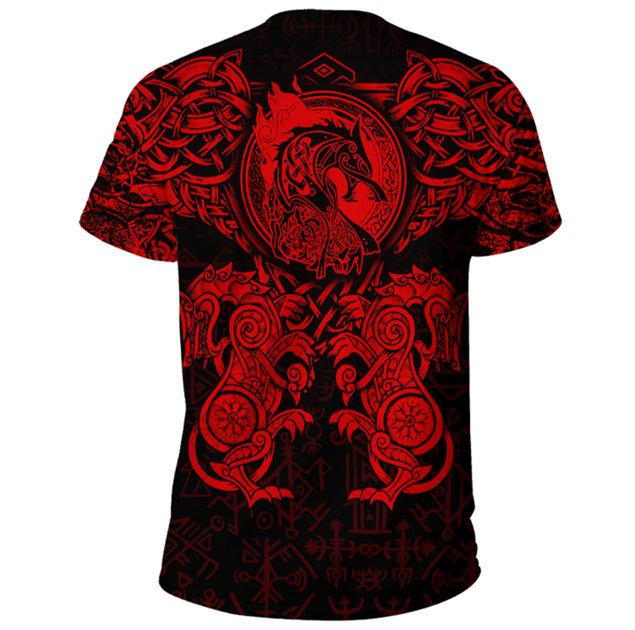Viking Clothing Viking Dragon and Wolf Tattoo Red T Shirt RLT12 - Wonder Print Shop