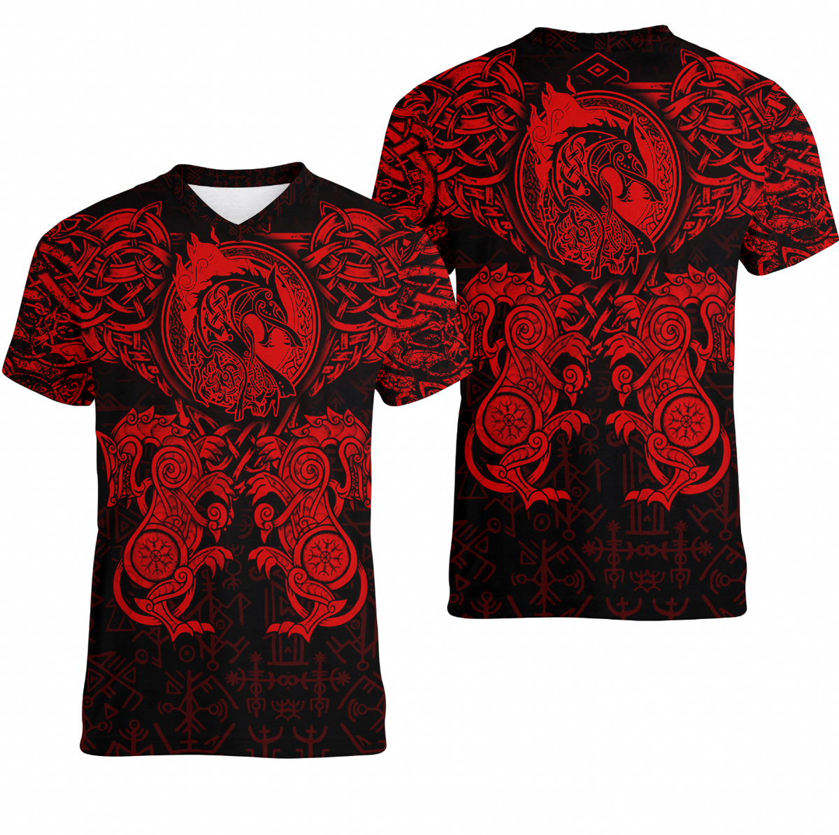 Viking Clothing Viking Dragon and Wolf Tattoo Red V neck T shirt RLT12 - Wonder Print Shop
