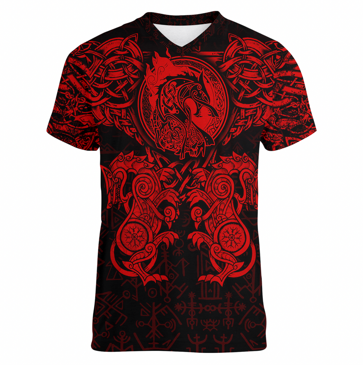 Viking Clothing Viking Dragon and Wolf Tattoo Red V neck T shirt RLT12 - Wonder Print Shop