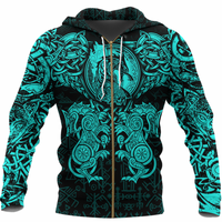 Viking Clothing Viking Dragon and Wolf Tattoo Cyan Zip Hoodie RLT12 - Wonder Print Shop
