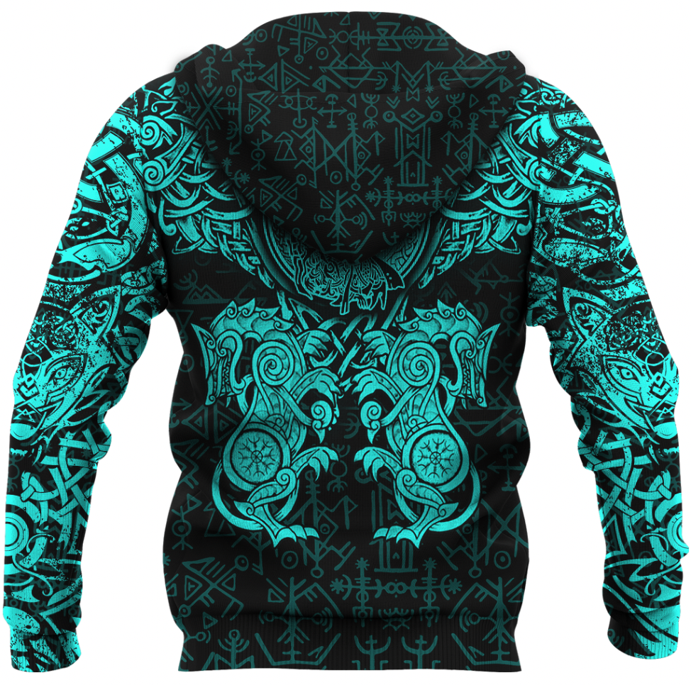 Viking Clothing Viking Dragon and Wolf Tattoo Cyan Hoodie RLT12 - Wonder Print Shop