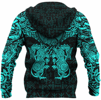 Viking Clothing Viking Dragon and Wolf Tattoo Cyan Zip Hoodie RLT12 - Wonder Print Shop