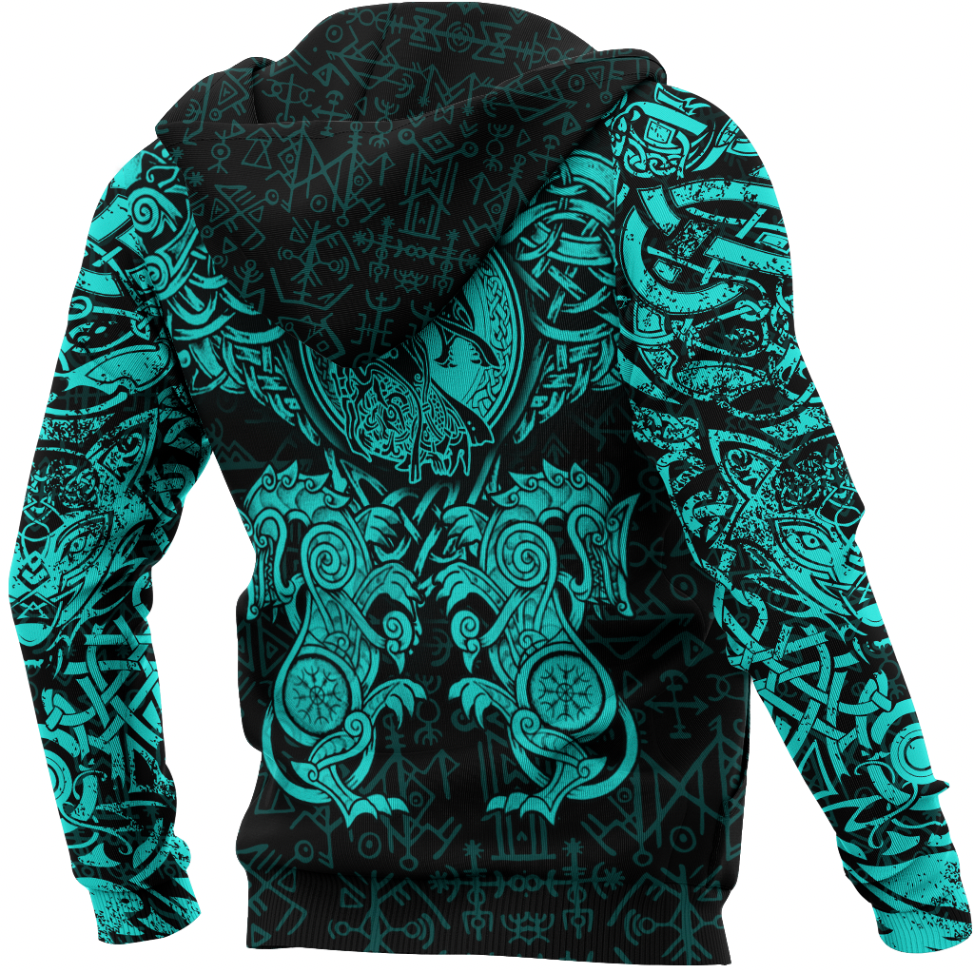 Viking Clothing Viking Dragon and Wolf Tattoo Cyan Hoodie RLT12 - Wonder Print Shop
