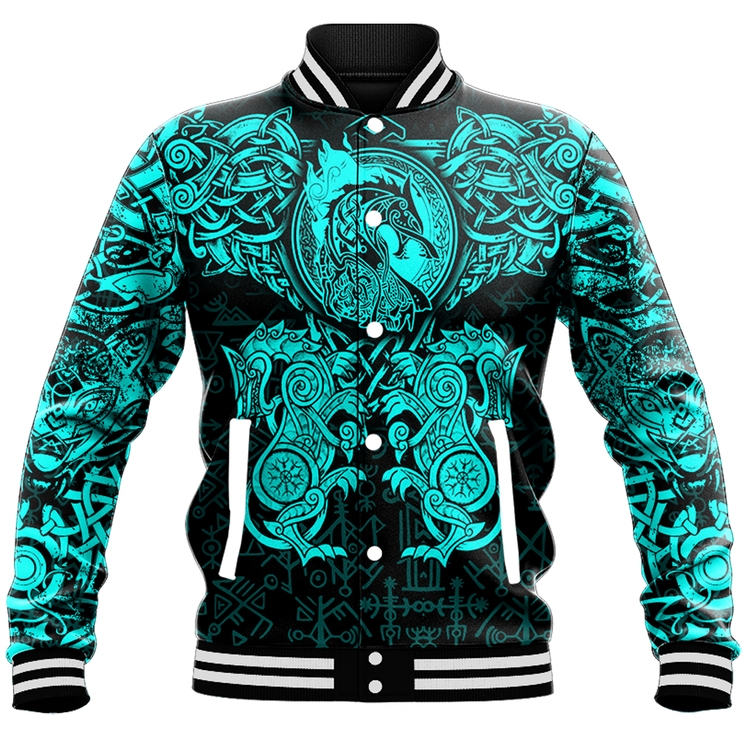 Viking Clothing Viking Dragon and Wolf Tattoo Cyan Baseball Jacket RLT12 - Wonder Print Shop