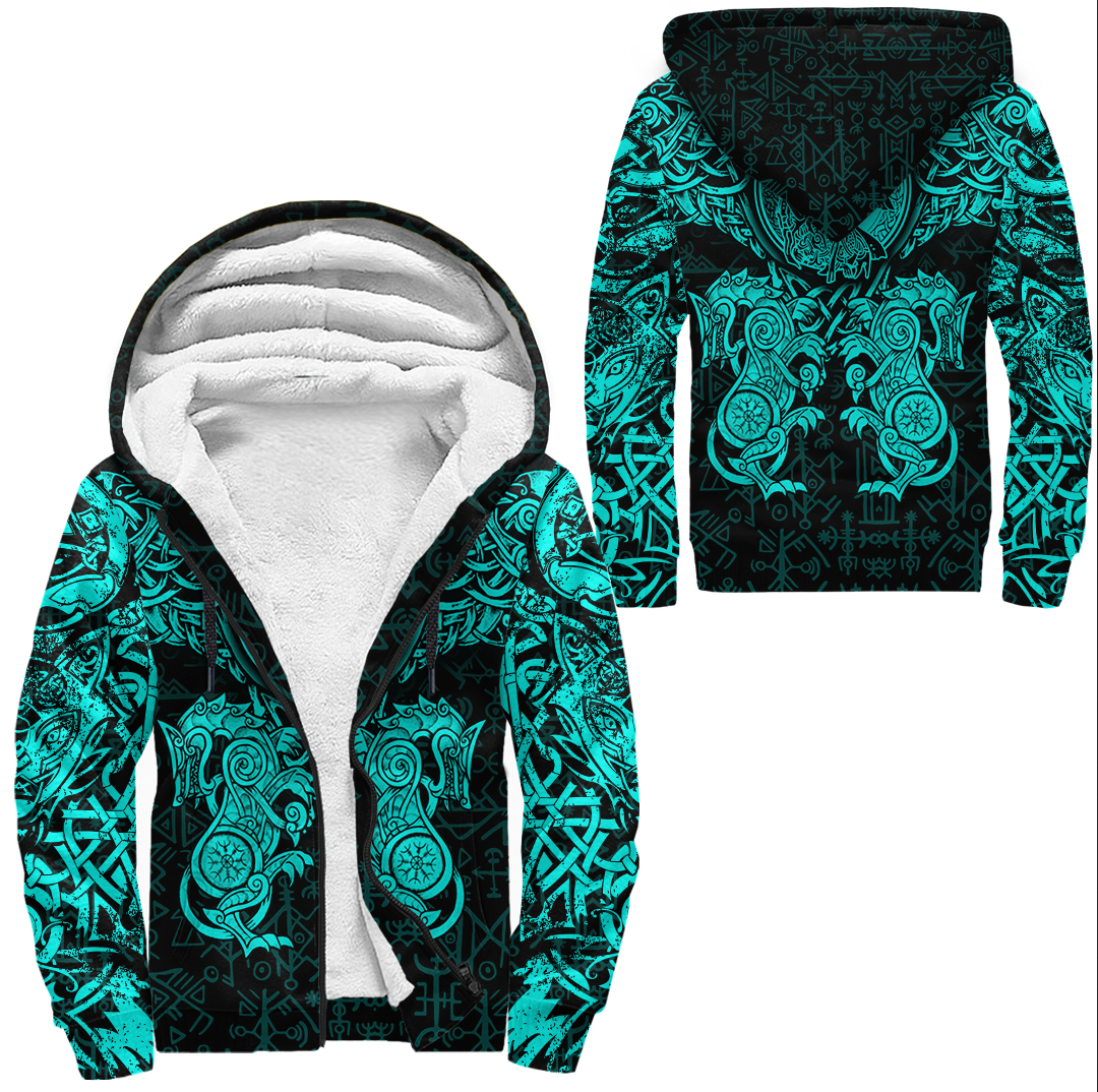 Viking Clothing Viking Dragon and Wolf Tattoo Cyan Sherpa Hoodie RLT12 - Wonder Print Shop