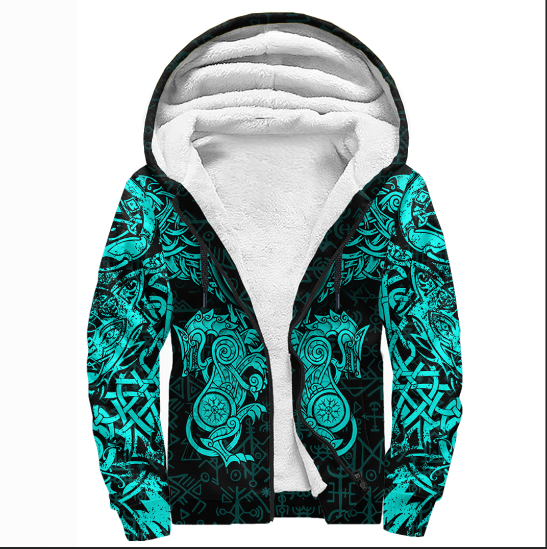Viking Clothing Viking Dragon and Wolf Tattoo Cyan Sherpa Hoodie RLT12 - Wonder Print Shop