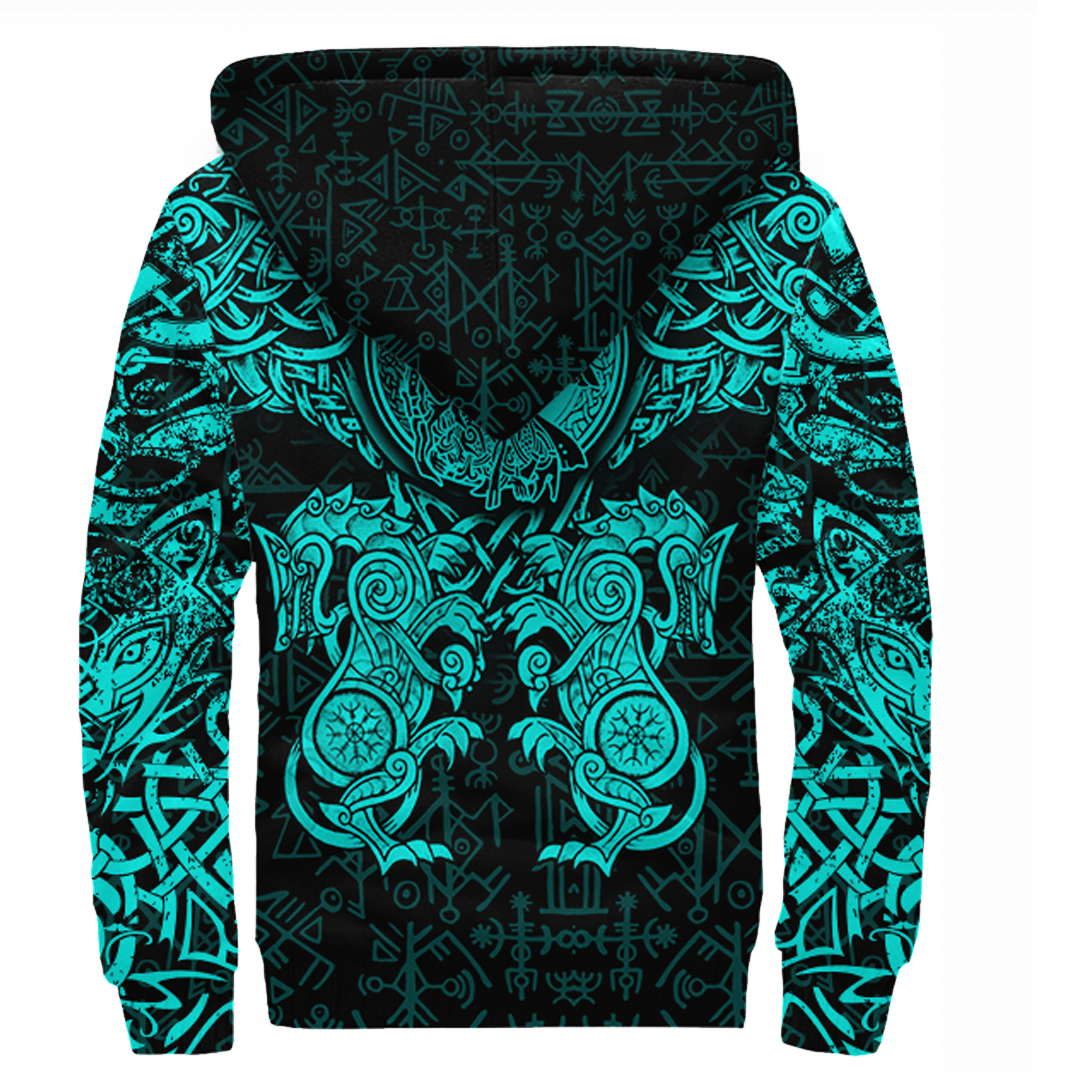 Viking Clothing Viking Dragon and Wolf Tattoo Cyan Sherpa Hoodie RLT12 - Wonder Print Shop