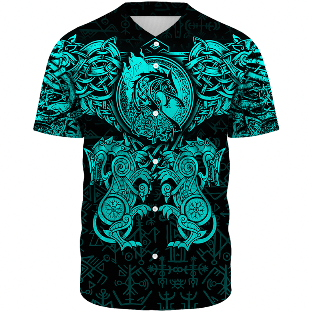 Viking Clothing Viking Dragon and Wolf Tattoo Cyan Baseball Jersey RLT12 - Wonder Print Shop