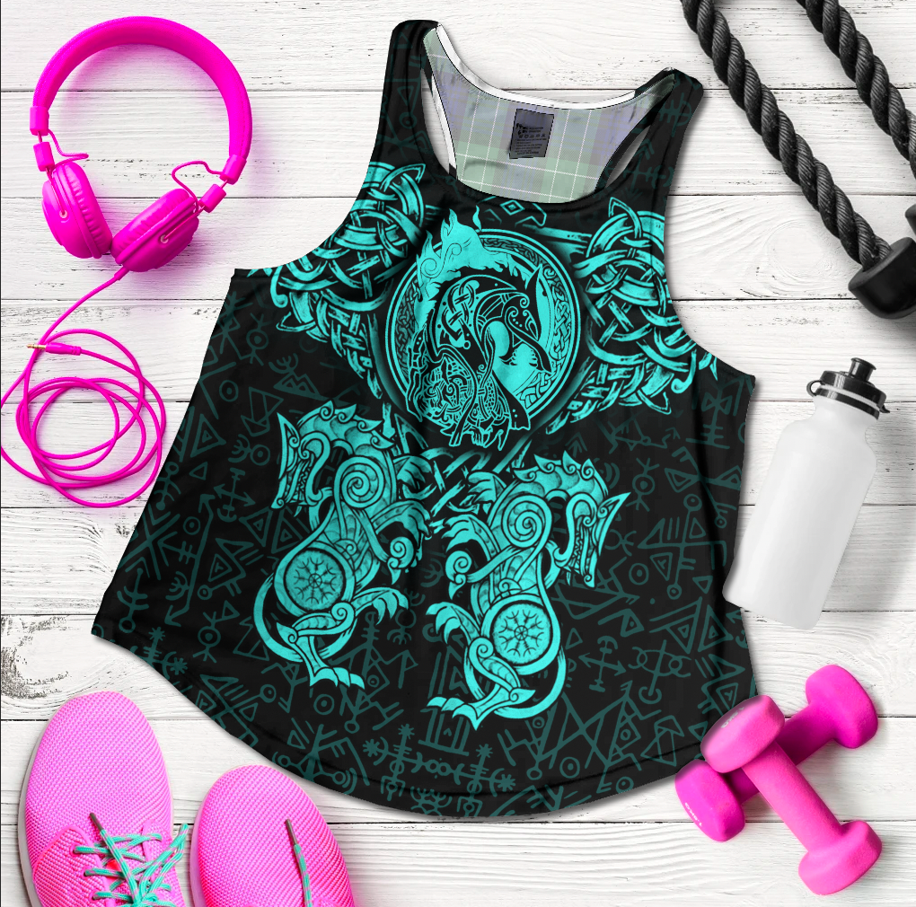 Viking Clothing Viking Dragon and Wolf Tattoo Cyan Women's Racerback Tank RLT12 - Wonder Print Shop
