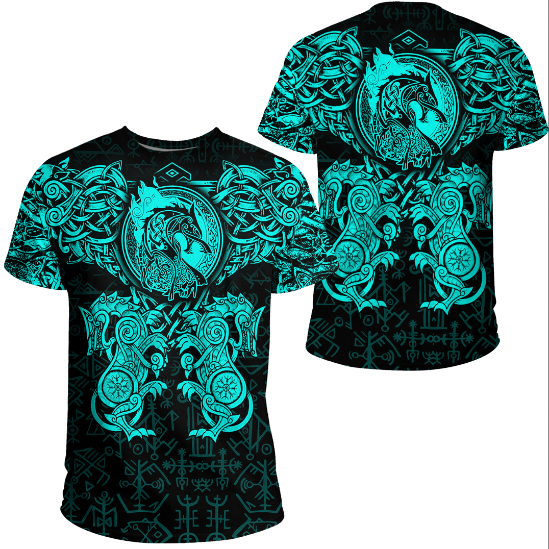 Viking Clothing Viking Dragon and Wolf Tattoo Cyan T Shirt RLT12 - Wonder Print Shop