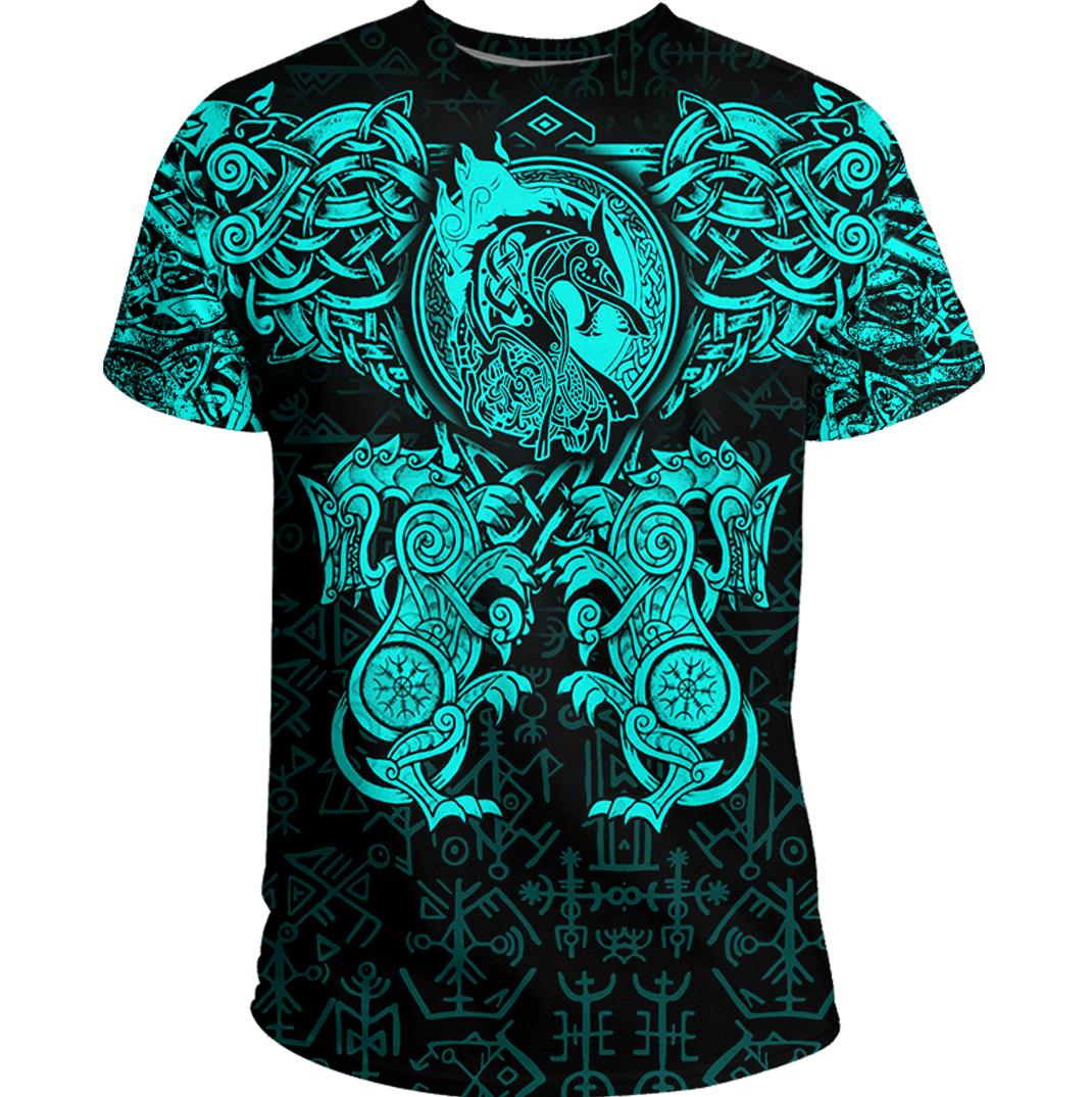 Viking Clothing Viking Dragon and Wolf Tattoo Cyan T Shirt RLT12 - Wonder Print Shop