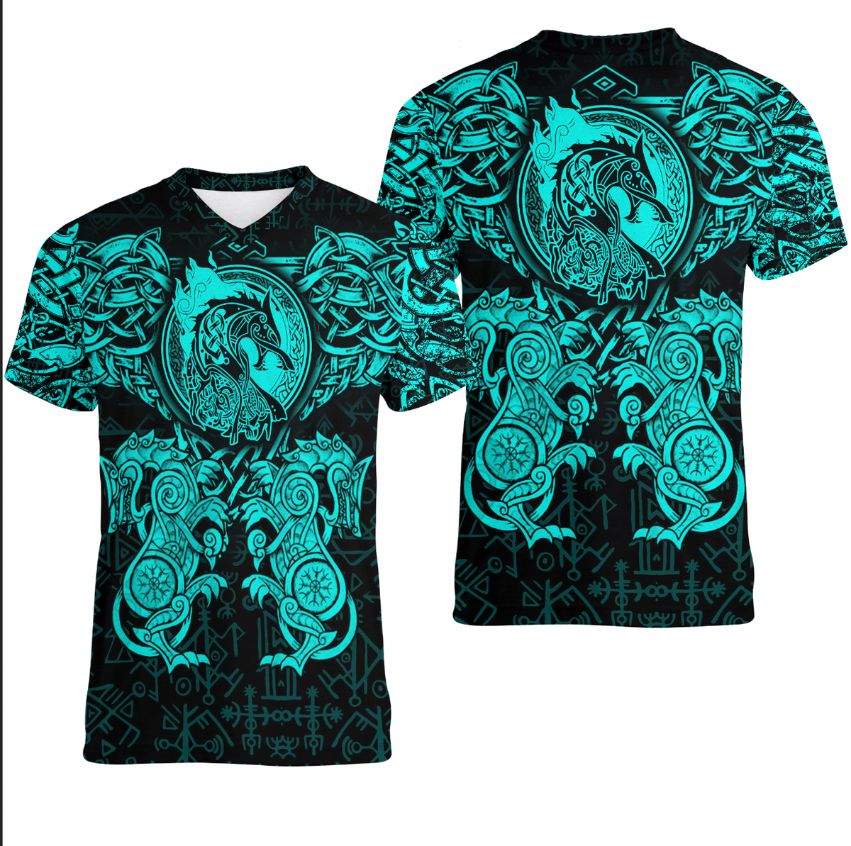 Viking Clothing Viking Dragon and Wolf Tattoo Cyan V neck T shirt RLT12 - Wonder Print Shop