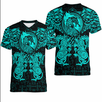 Viking Clothing Viking Dragon and Wolf Tattoo Cyan V neck T shirt RLT12 - Wonder Print Shop