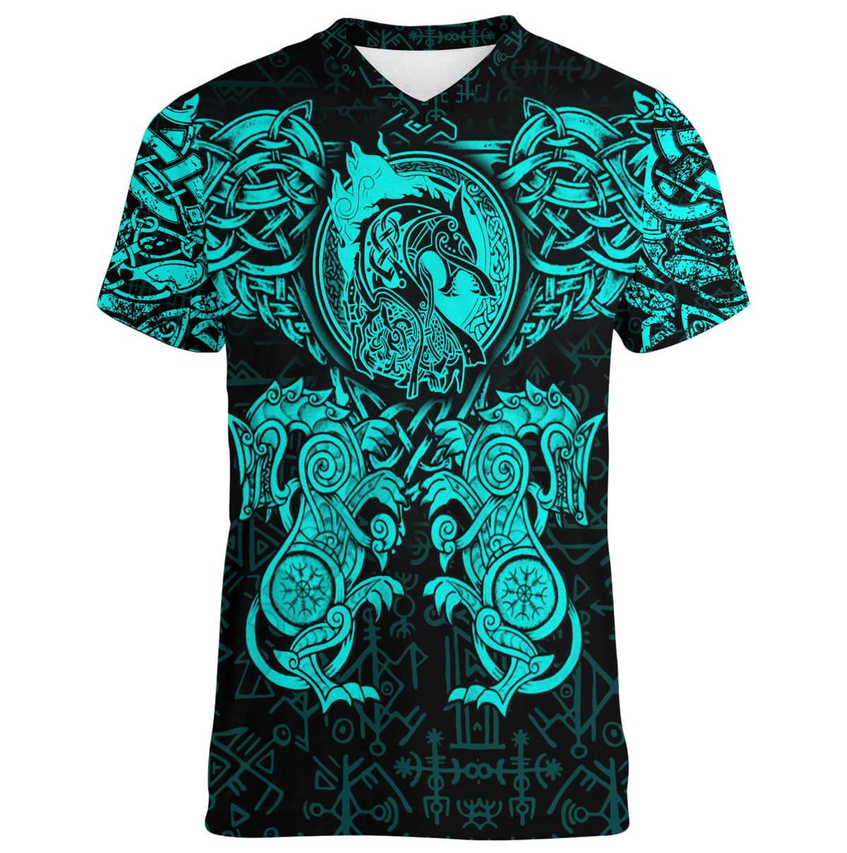 Viking Clothing Viking Dragon and Wolf Tattoo Cyan V neck T shirt RLT12 - Wonder Print Shop