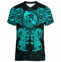 Viking Clothing Viking Dragon and Wolf Tattoo Cyan V neck T shirt RLT12 - Wonder Print Shop