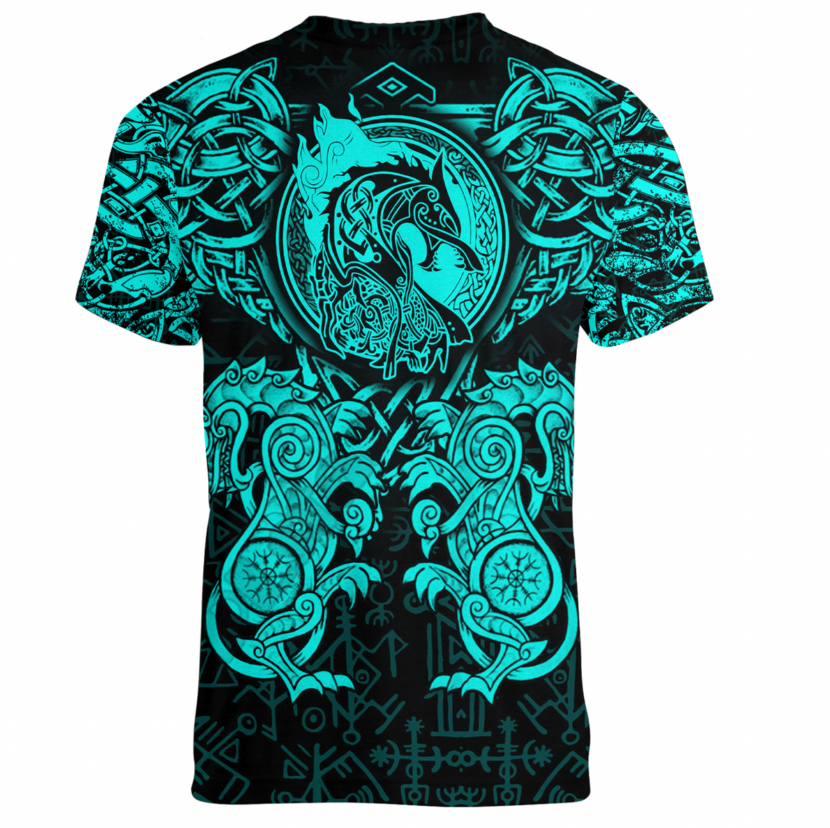 Viking Clothing Viking Dragon and Wolf Tattoo Cyan V neck T shirt RLT12 - Wonder Print Shop